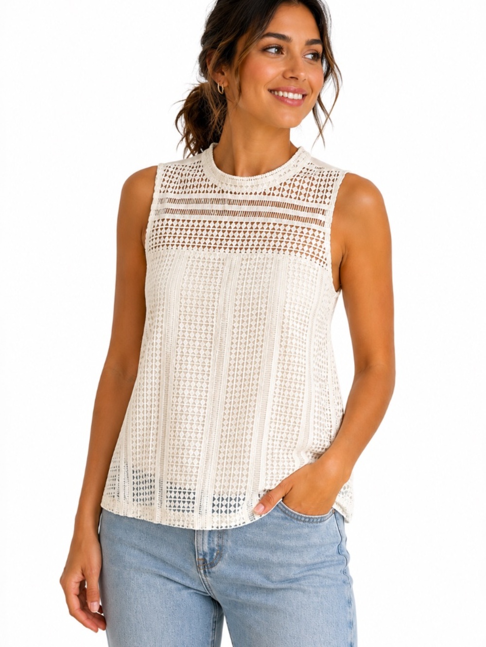 H&M White Geometric Lace Sleeveless Mock Neck Top Size S